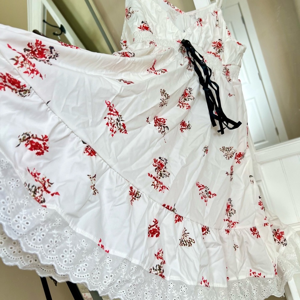 Floral White Dress with Red Accents
